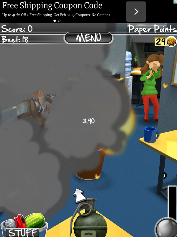 Paper Toss 2.0 (iPad) screenshot: I threw a grenade and hit my co-worker.
