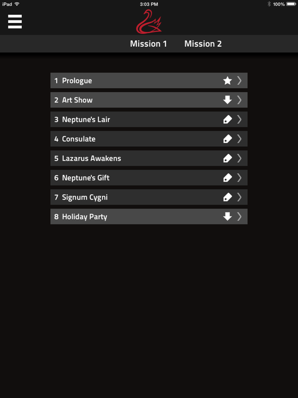 Codename Cygnus (iPad) screenshot: Choose which episode to play. Missions 3 through 7 must be individually purchased.