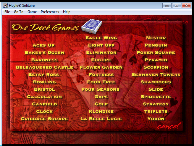Hoyle Solitaire (Windows) screenshot: While games can be selected from the menu bar the on-screen options are much prettier