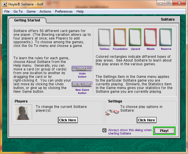 Hoyle Solitaire (Windows) screenshot: This optional screen explains the way colour is used to define areas of the screen