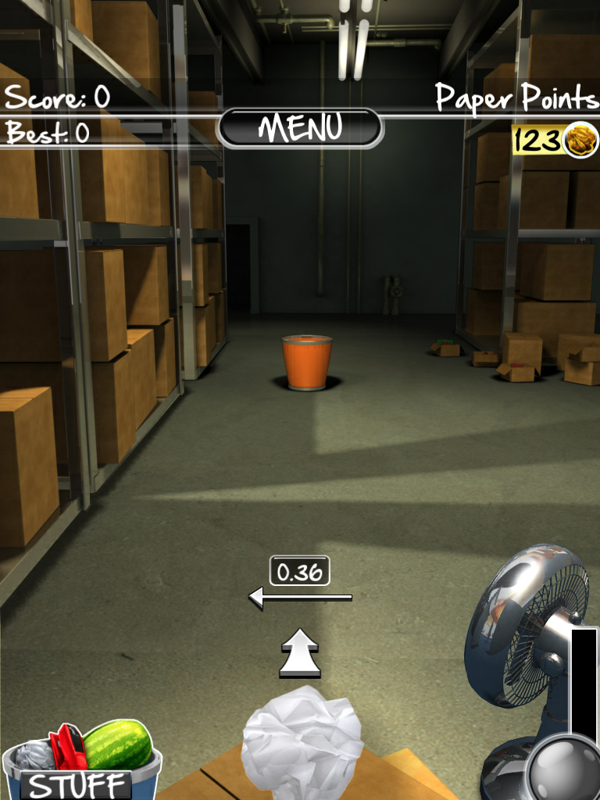 Paper Toss 2.0 (iPad) screenshot: In the warehouse