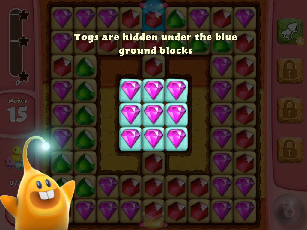 Diamond Digger Saga (iPad) screenshot: You are told the blocks that are blue hide toys.