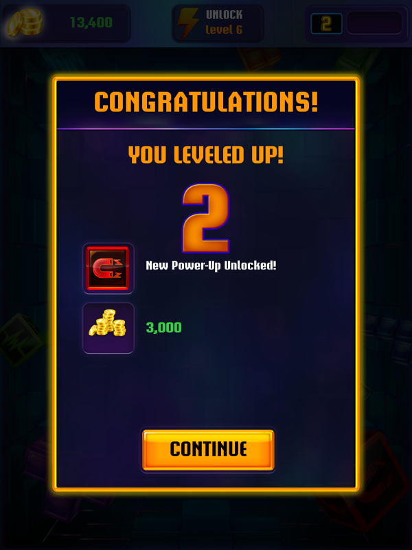 Tetris Blitz (iPad) screenshot: I leveled up to level 2 and gain a power-up.