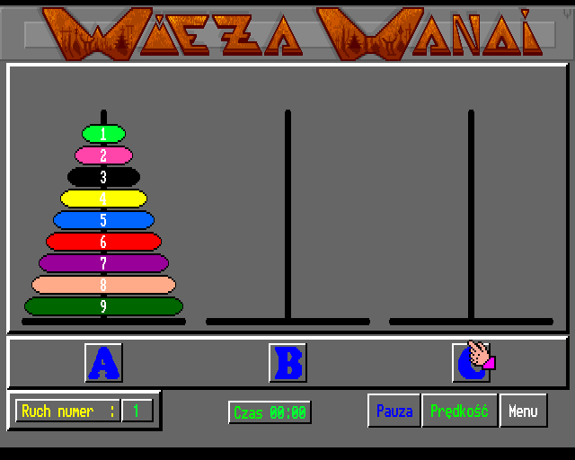 Wieża Hanoi (Amiga) screenshot: Nine (maximum) discs mode