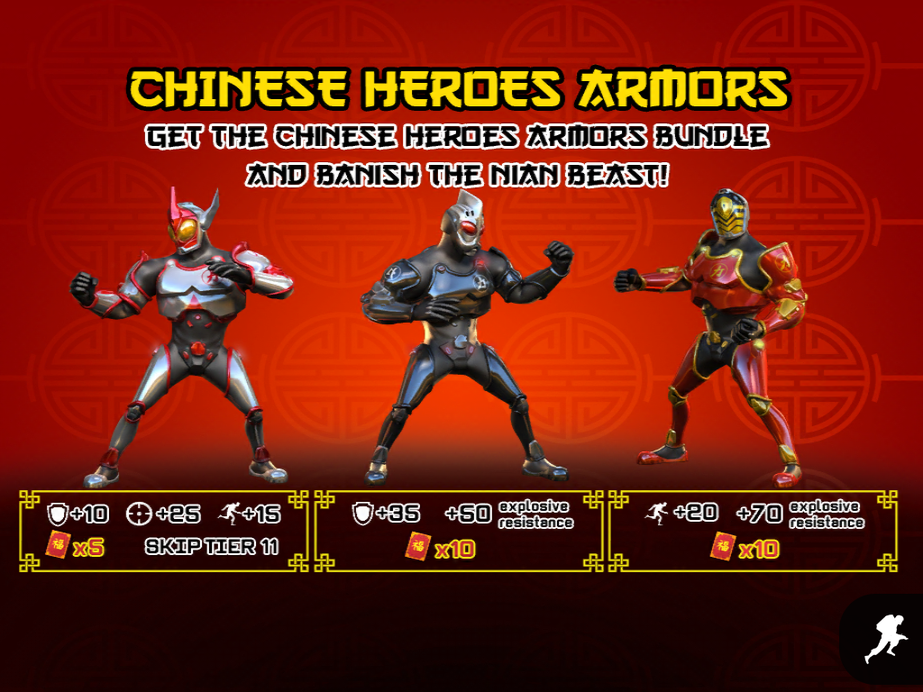 The Respawnables (iPad) screenshot: An ad for the Chinese Heroes Armor bundle.