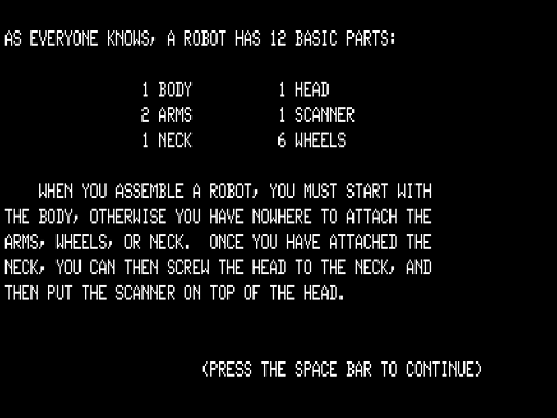 Robot Builder (TRS-80) screenshot: Instructions