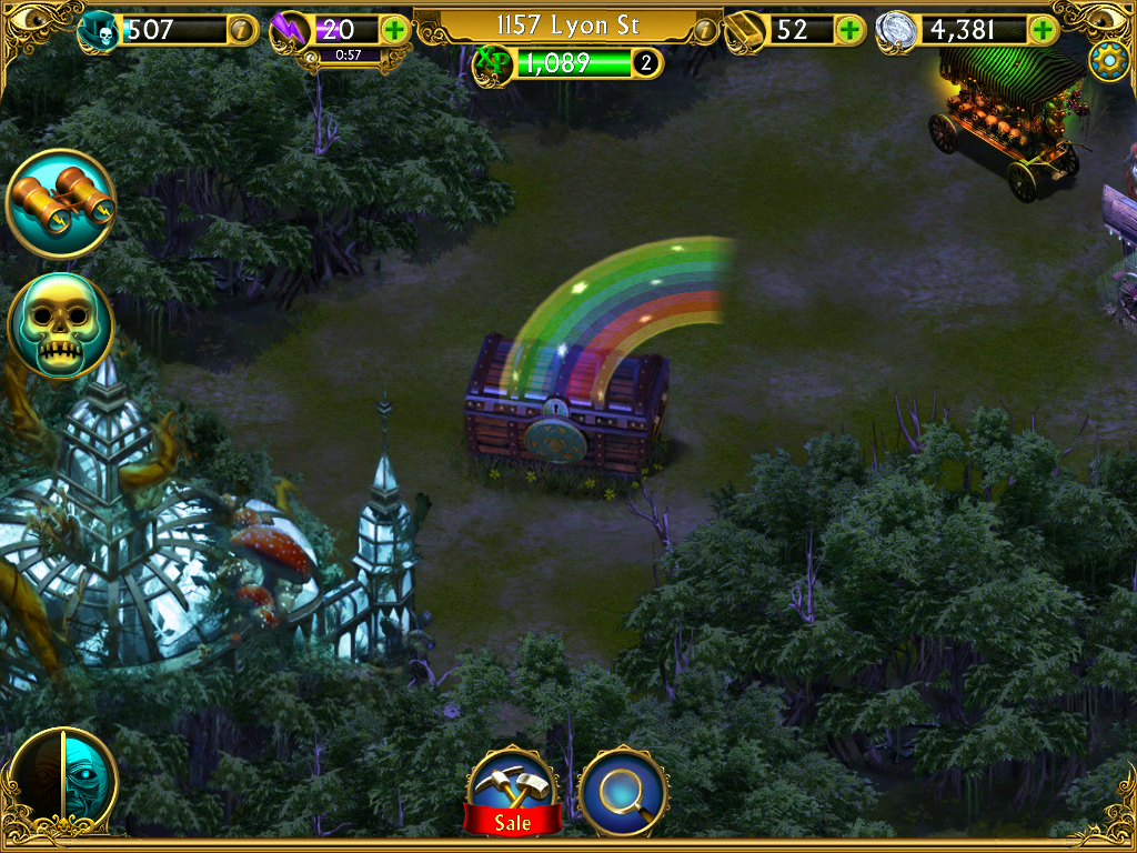 Dark Manor (iPad) screenshot: After clearing the land, I have a treasure chest I can open.