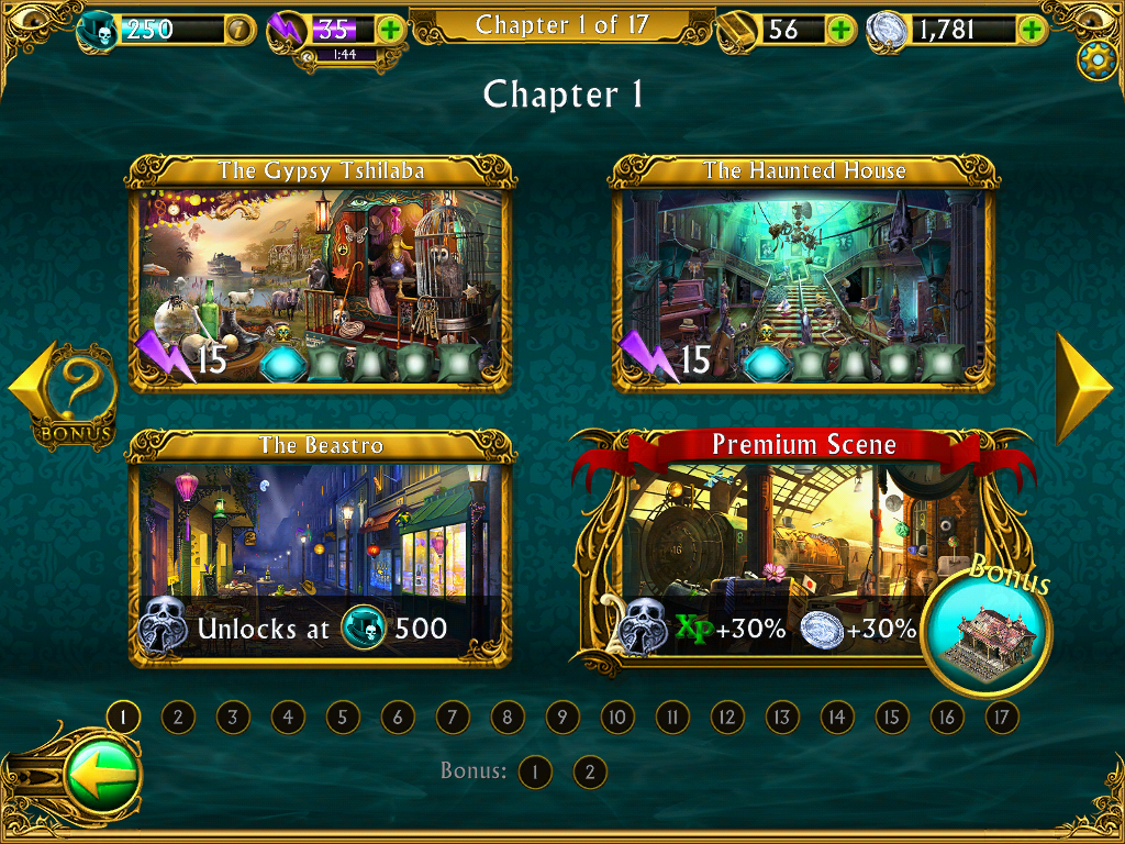 Dark Manor (iPad) screenshot: The chapters you can play