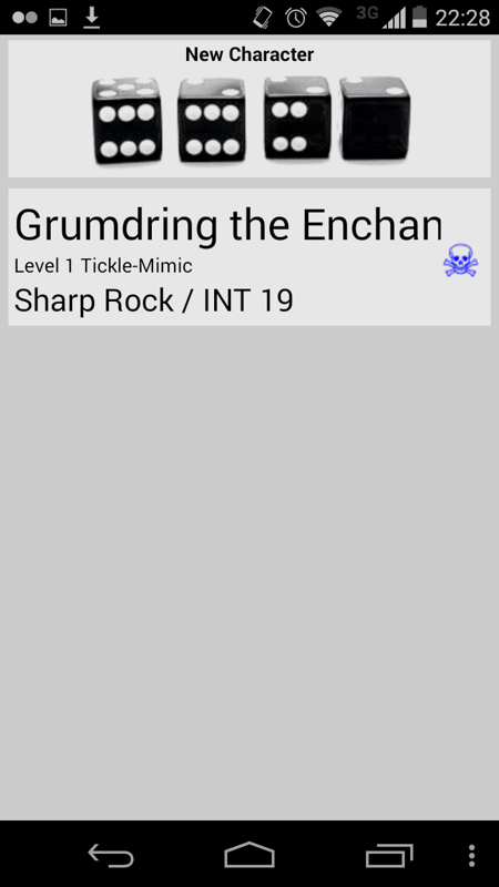 Progress Quest (Android) screenshot: This port supports multiple character profiles.