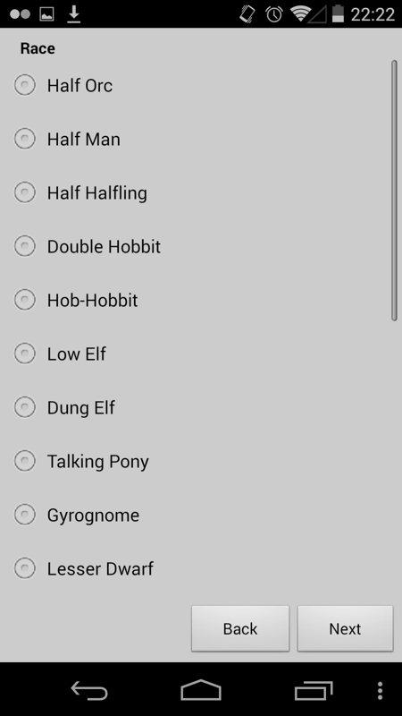 Progress Quest (Android) screenshot: Choose from typical races...