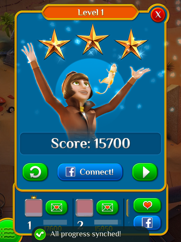 Pyramid Solitaire Saga (iPad) screenshot: The after-level stats (pictures and names blurred for privacy)