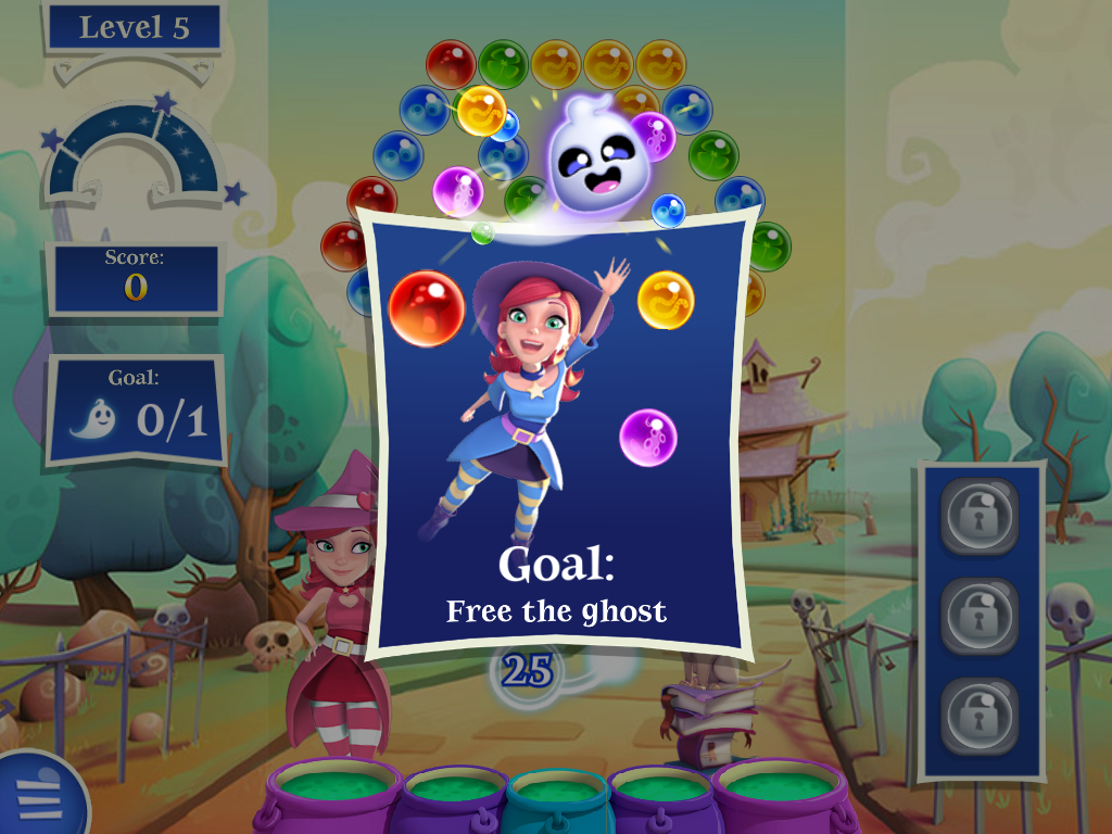 Bubble Witch 2 Saga (iPad) screenshot: Level 5's goal, still free the ghost.