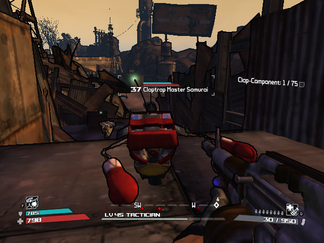 Borderlands: Claptrap's New Robot Revolution (Windows) screenshot: This is the version with boxing gloves; its warcry is 'How do you like that apple?' as he hits you. (A Kamikaze Claptrap is following close behind)