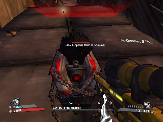 Borderlands: Claptrap's New Robot Revolution (Windows) screenshot: A Claptrap 'Master Samurai'; they come in two melee versions; this one has knives attached to its claws.