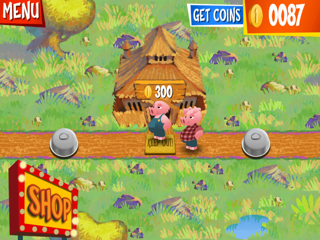 Wolf Toss (iPad) screenshot: The pigs have run to the Forest Stick Mansion