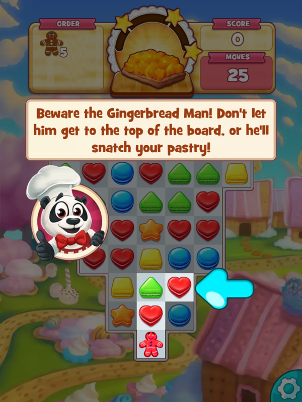 Cookie Jam (iPad) screenshot: Don't let the gingerbread man get to the top or he will steal your pastry.