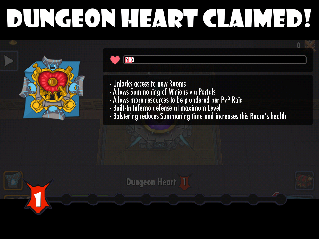 Dungeon Keeper (iPad) screenshot: You have claimed his dungeon heart