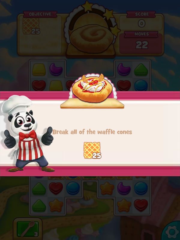 Cookie Jam (iPad) screenshot: In this level, you have to clear all the waffle cone squares.