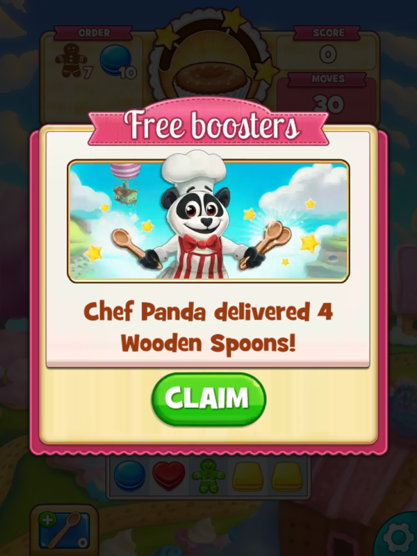 Cookie Jam (iPad) screenshot: You have been given free boosters of wooden spoons.