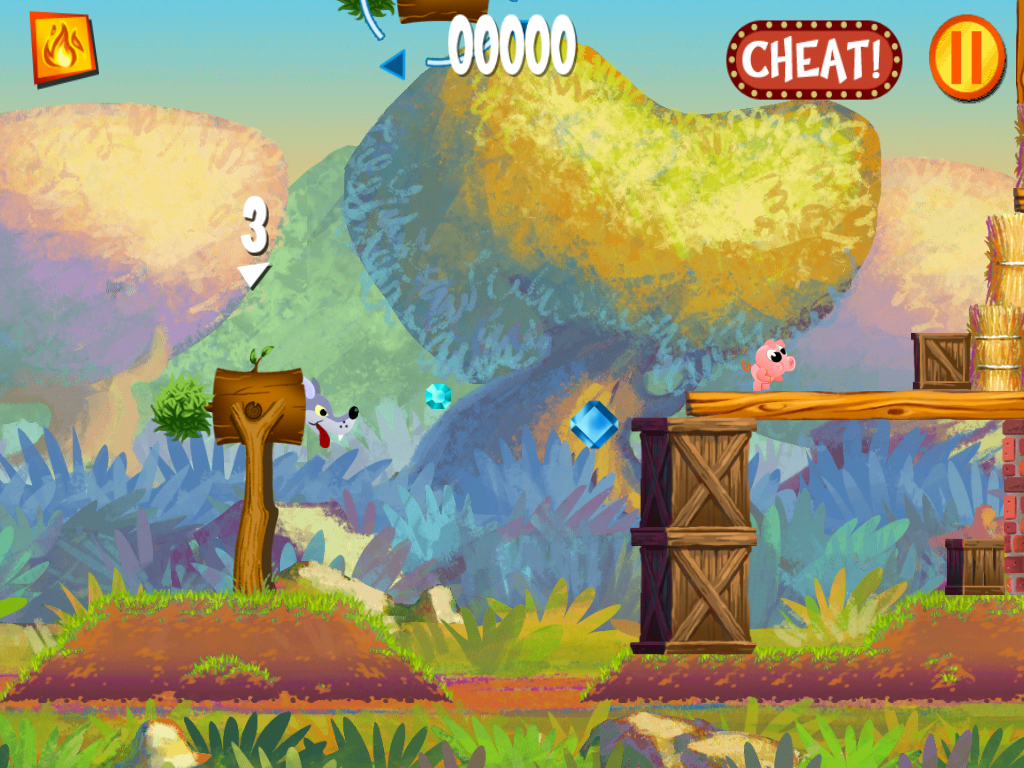 Wolf Toss (iPad) screenshot: Playing a level where my cannon is a log