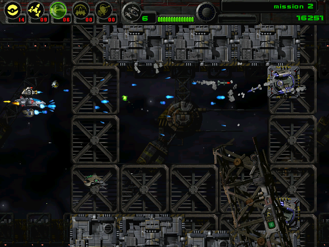 Astrobatics (Windows) screenshot: Second mission adds barriers that are invulnerable and of which will hurt on contact. Most of the space stations will have turrets attached on them.