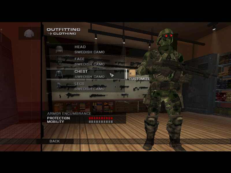 Tom Clancy's Rainbow Six: Vegas (Windows) screenshot: The game has a dress-up doll menu, military style. You can select the clothing, protection and weapons here.