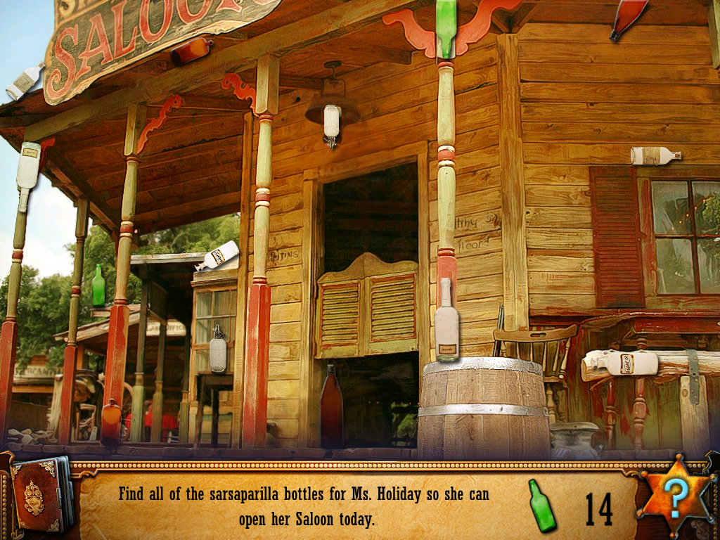 Wild West Quest (iPad) screenshot: Now I need to find all the sarsaparilla bottles hidden in the scene.