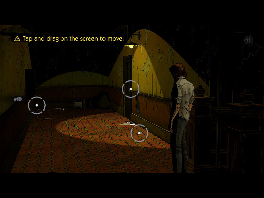 The Wolf Among Us: Episode 1 - Faith (iPad) screenshot: You're upstairs. Tap and hold a circle to interact.