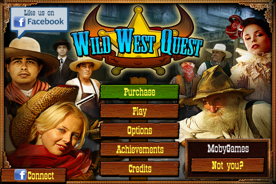 Wild West Quest (iPhone) screenshot: Title and main menu. As this is the demo version, there is a Purchase button.