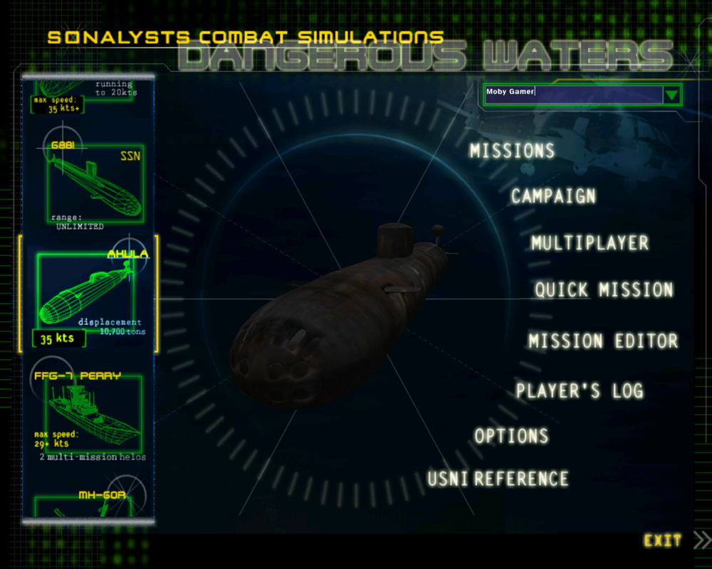 Dangerous Waters (Windows) screenshot: Main menu. The list on the left scrolls at different speeds according to the mouse pointers vertical centering, and the highlighted object is shown in the center of the screen.