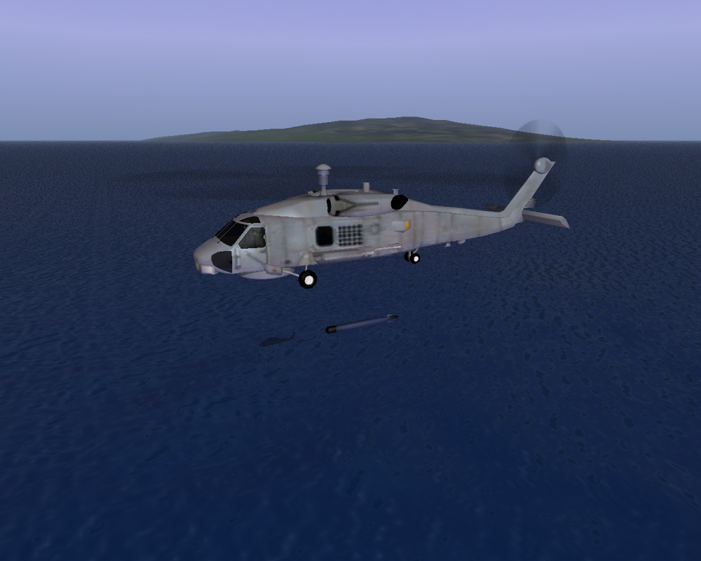 Dangerous Waters (Windows) screenshot: Intro movie: a helicopter, MH-60R Seahawk, is dropping a torpedo on a hostile contact.