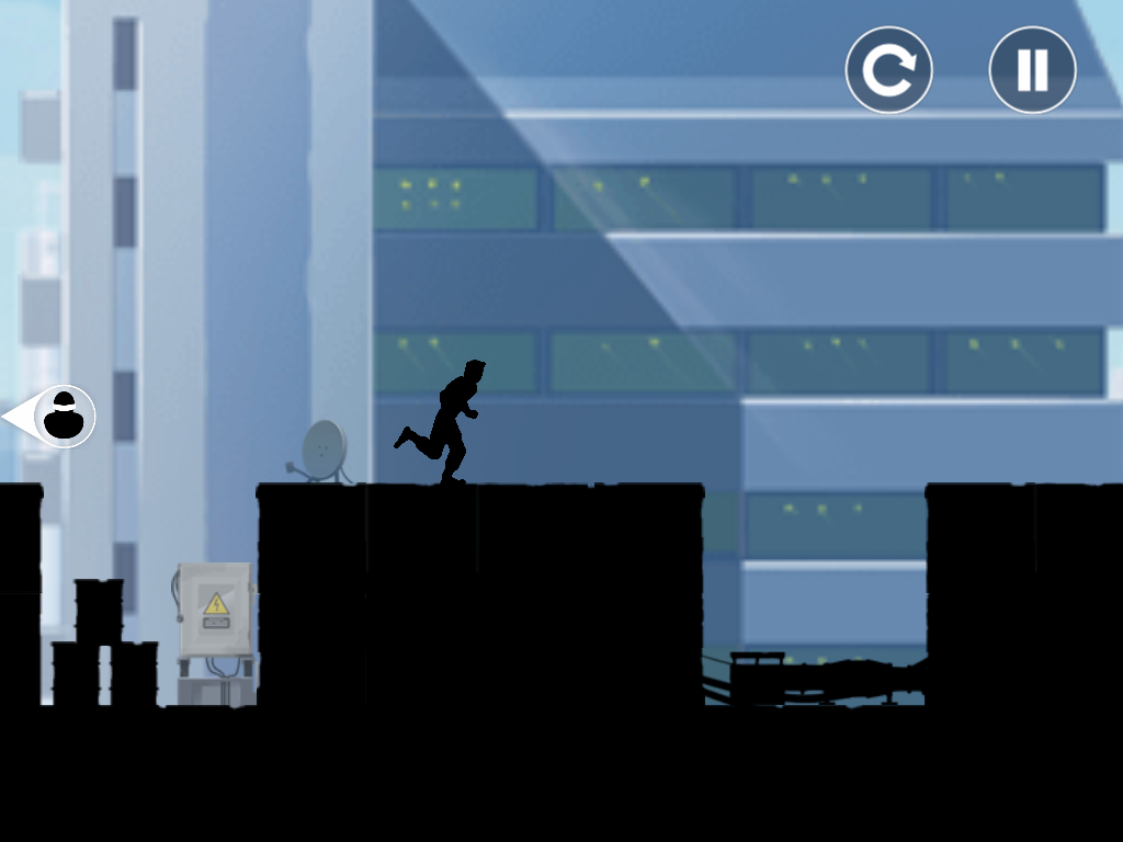 Vector (iPad) screenshot: Running and jumping on buildings with the guard right behind.