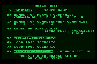Rails West! (Atari 8-bit) screenshot: Main Menu
