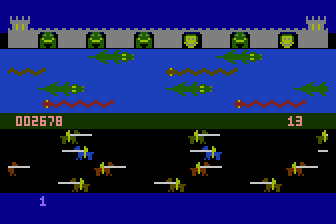 Princess and Frog (Atari 8-bit) screenshot: When all the castle gates have been reached, the level is over and you move on to the next.