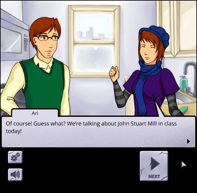 Socrates Jones: Pro Philosopher (Browser) screenshot: The protagonists are Socrates Jones and his daughter Ari. Ari is a philosophy student with a bit of a crush on J.S.Mill