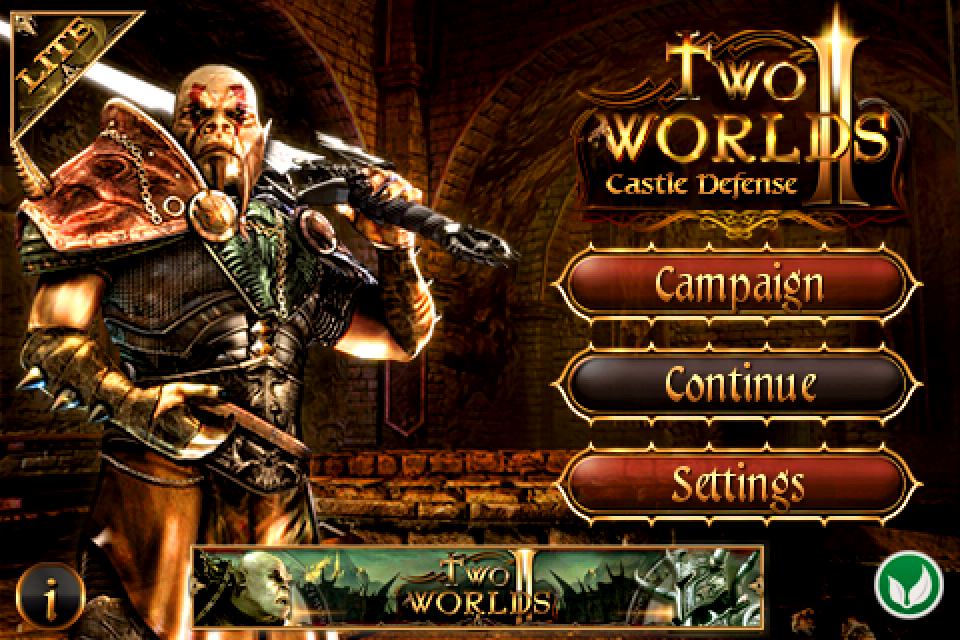 Two Worlds II: Castle Defense (iPhone) screenshot: Title and main menu