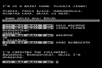 Savage Island Part Two (Atari 8-bit) screenshot: Subduing a neanderthal with a flower.