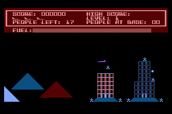 Protector (Atari 8-bit) screenshot: Attempting to rescue people from the city.