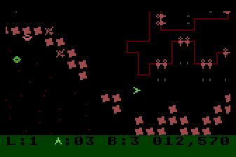 Survivor (Atari 8-bit) screenshot: You must destroy all the guns on a base in order to destroy the base.