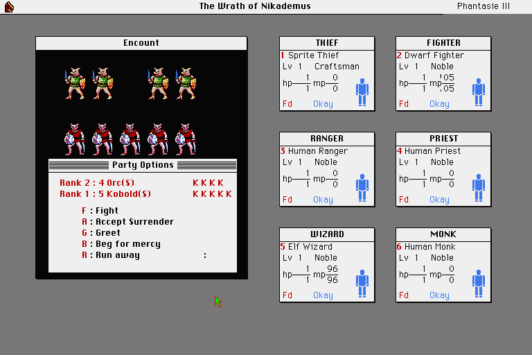 Phantasie III: The Wrath of Nikademus (Sharp X68000) screenshot: Encounter with Orcs and Kobolds