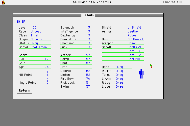 Phantasie III: The Wrath of Nikademus (Sharp X68000) screenshot: Stats for an undead thief with a single health point