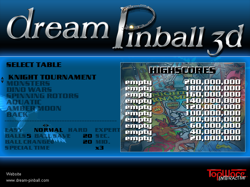 Dream Pinball 3D (Windows) screenshot: Table and difficulty selection screen