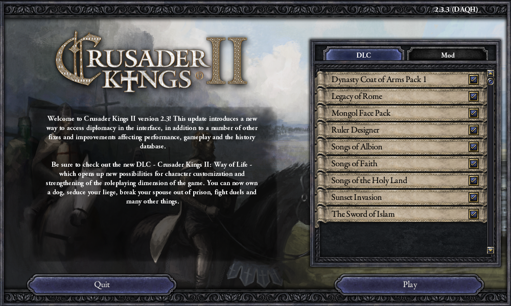 Crusader Kings II (Windows) screenshot: The setup screen before launching the game. Enable DLC and choose mods.