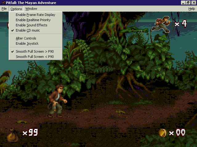 Pitfall: The Mayan Adventure (Windows) screenshot: The Pre-Alpha demo release seems to have more menu bar options than are available in the full release