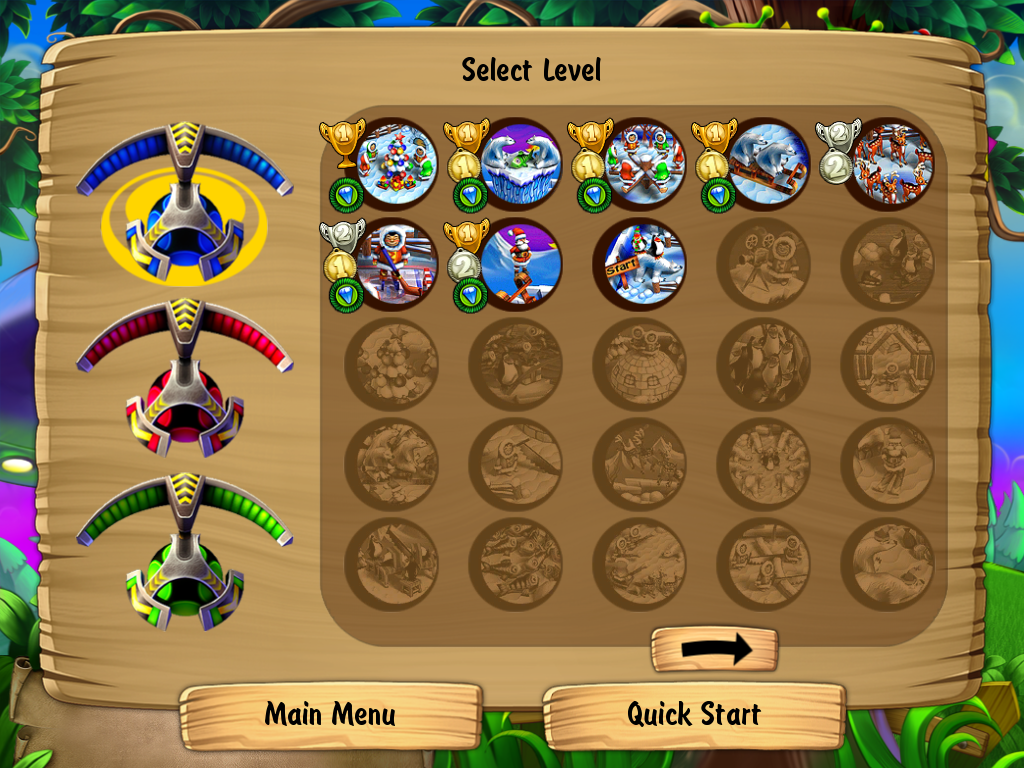Magic Ball 4 (Windows) screenshot: Select a paddle and a level