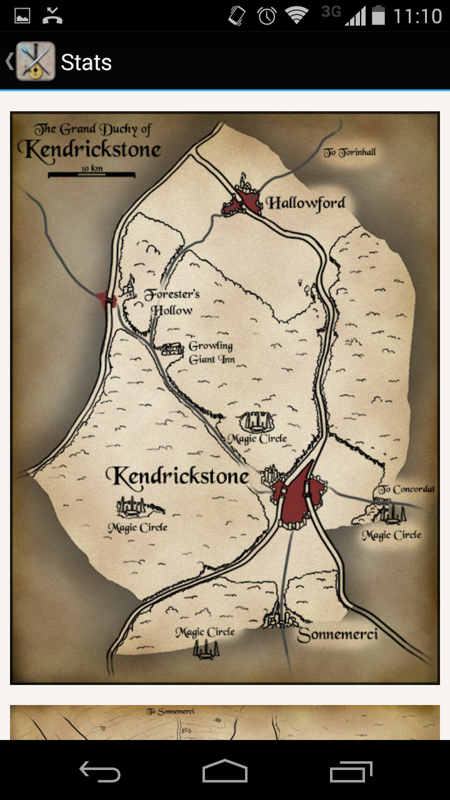 The Hero of Kendrickstone (Android) screenshot: The history is accompanied by some maps to help keep the overall geography straight, though it's immaterial to the story.