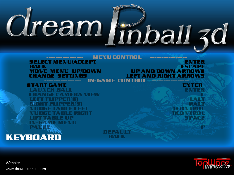 Dream Pinball 3D (Windows) screenshot: Control settings screen