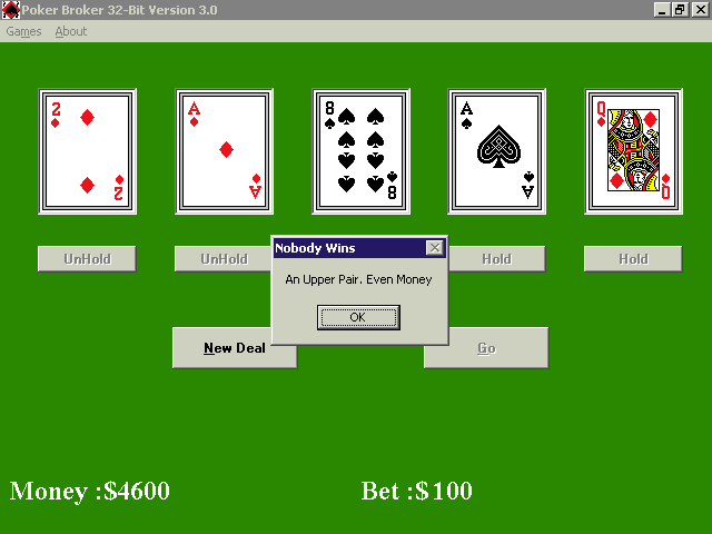 Poker Broker (Windows) screenshot: A pair of honour cards will at least get the stake money back