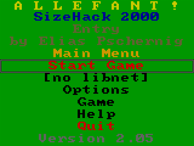 Allefant (Windows) screenshot: Title screen with main menu