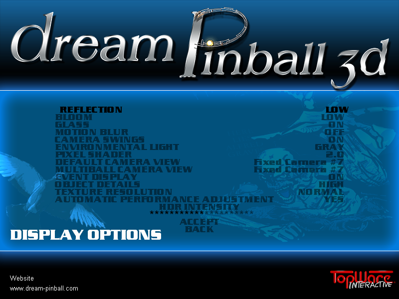 Dream Pinball 3D (Windows) screenshot: Display options screen